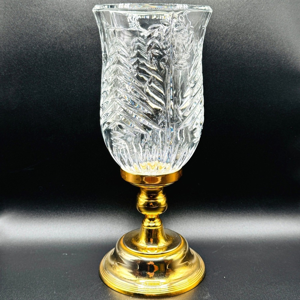 Vintage International Silver Co Lead Crystal Hurricane Candle Holder Brass Tree